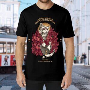Brand New Black Cat Graphic Tee with Red Floral Design